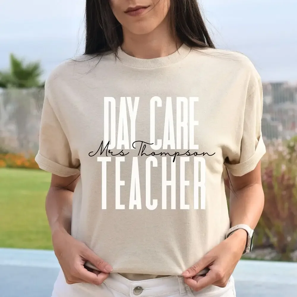 Personalized Day care teacher Unisex T-shirt Custom name daycare Sand Blue Pink tops Unisex Summer Short Sleeve