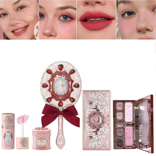 Flower Knows Labial Mate Crema Rubor Líquido Set Cupido Fresa Polvo Compacto Maquillaje Duradero Textura Aterciopelada Ligero No Transfiere