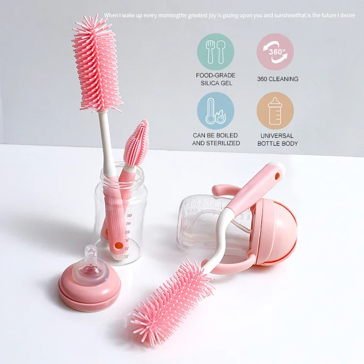 

360 Degrees Rotating Feeder Brush Long Handle Dust Brush Cleaner Silicone Baby Water Bottle Cleaning Brush