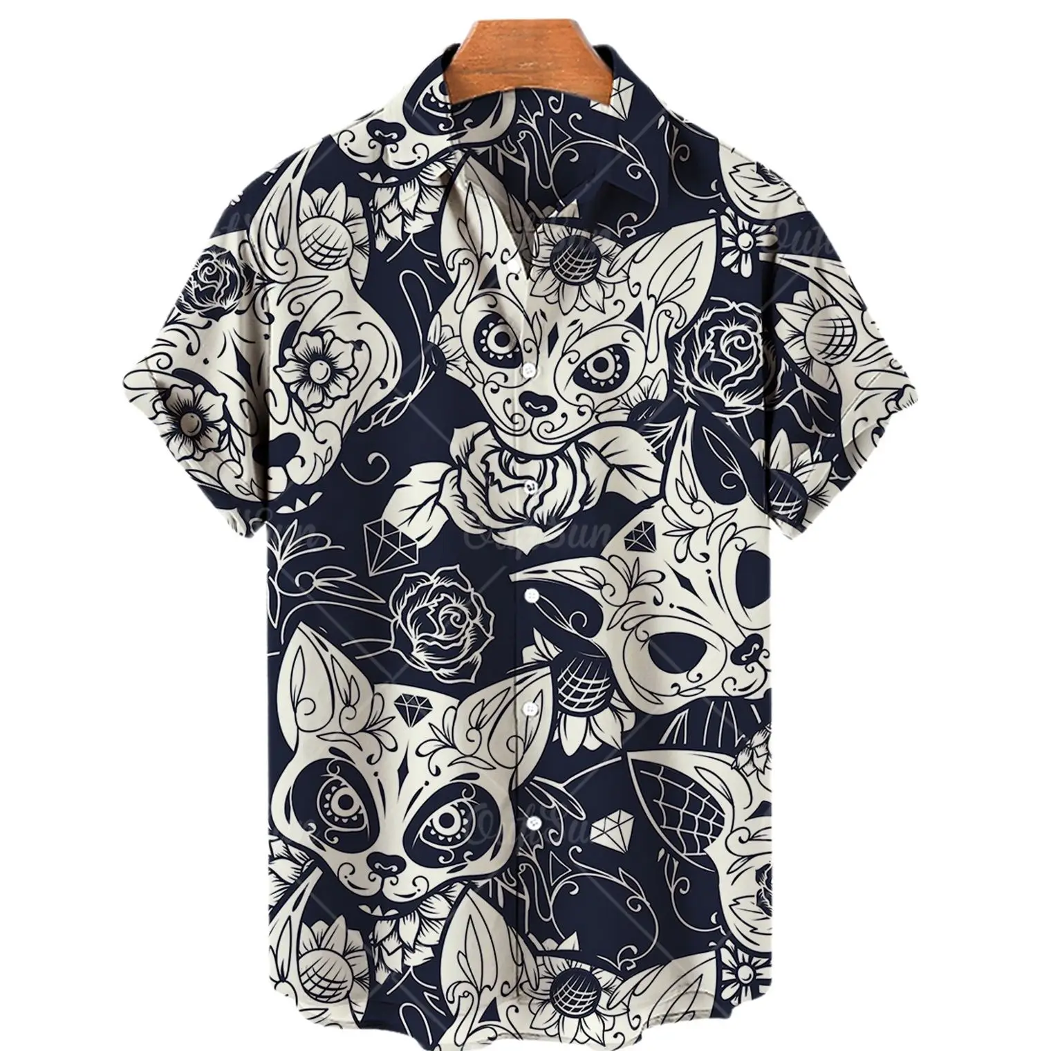 Hawaiian Short Sleeve Men\'s Shirt, Casual Shirt With Cute Cat Print, Lapel, V-neck, Beach, Summer, 5xl, 2024