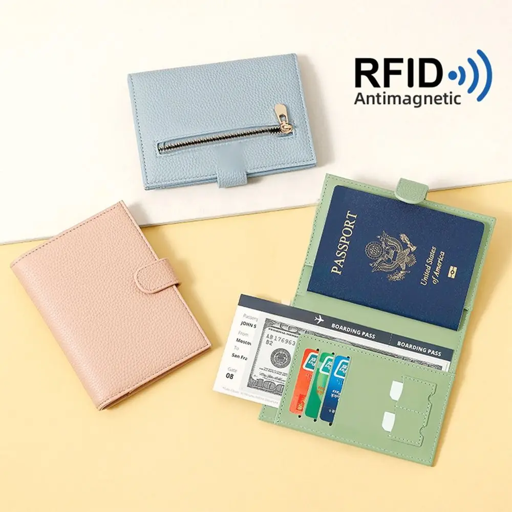 RFID Antimagnetic PU Leather Passport Cover Zipper Pocket Airplane Check-in Passport Ticket Holder Credit ID Card Travel