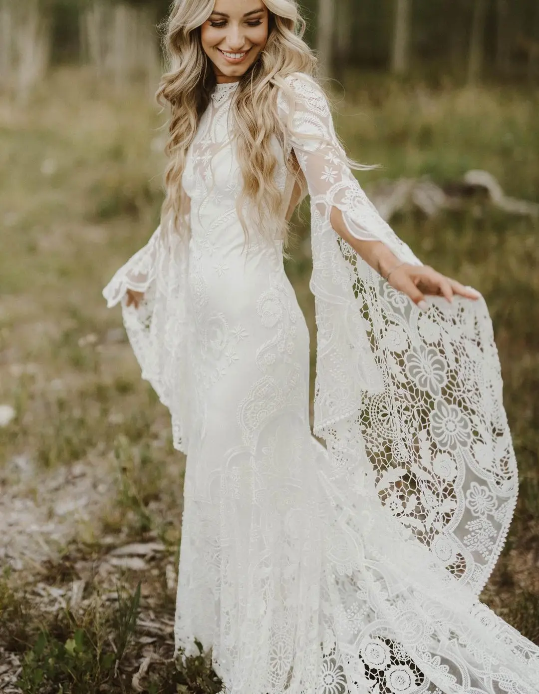 Xunbei Boho Wedding Dress for Women Lace Appqulies Trumpet Sleeves Illusion Mermaid Dresses Countryside Pastrol Party Bride Gown