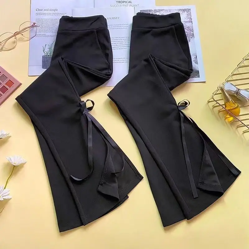 Summer 8-minute Micro-flare Women's High Waist Slim Fit and Slim Side Slit Tie Casual Black Flared Pants