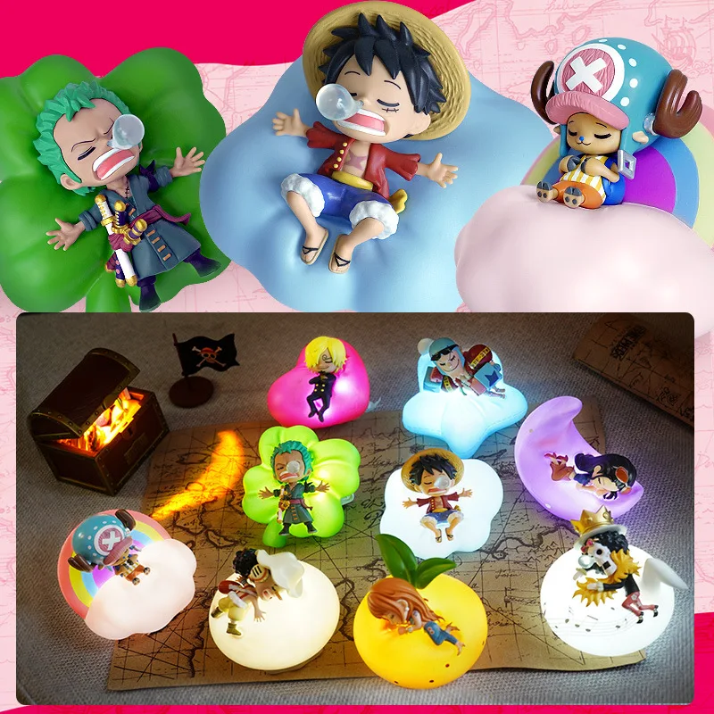 Um pedaço de luz da noite led caixa cega anime luffy zoro nami sanji chopper figura doce série sonho modelo ornamento presentes de natal