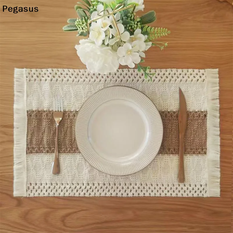 [S]1Pcs Farmhouse - Style Rectangular Placemats, Woven Tassel Table Mats. Ideal For Decorating Dining And Kitchen Tables