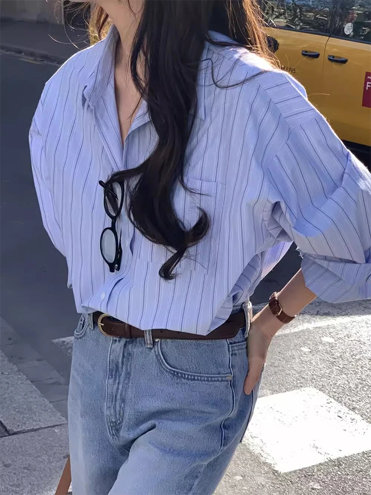 

Loose Casual Long Sve Women's irt Stripe Pattern Spring New Sle Simple Basic Faion Top Polyester Fiber 00%