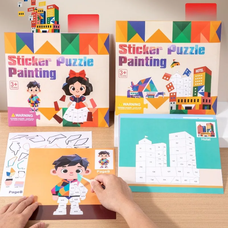 Jogo de treinamento papel 3d geométrico adesivo livros artesanal montessori diy colar materialkit dos desenhos animados animais bonitos adesivos livro crianças