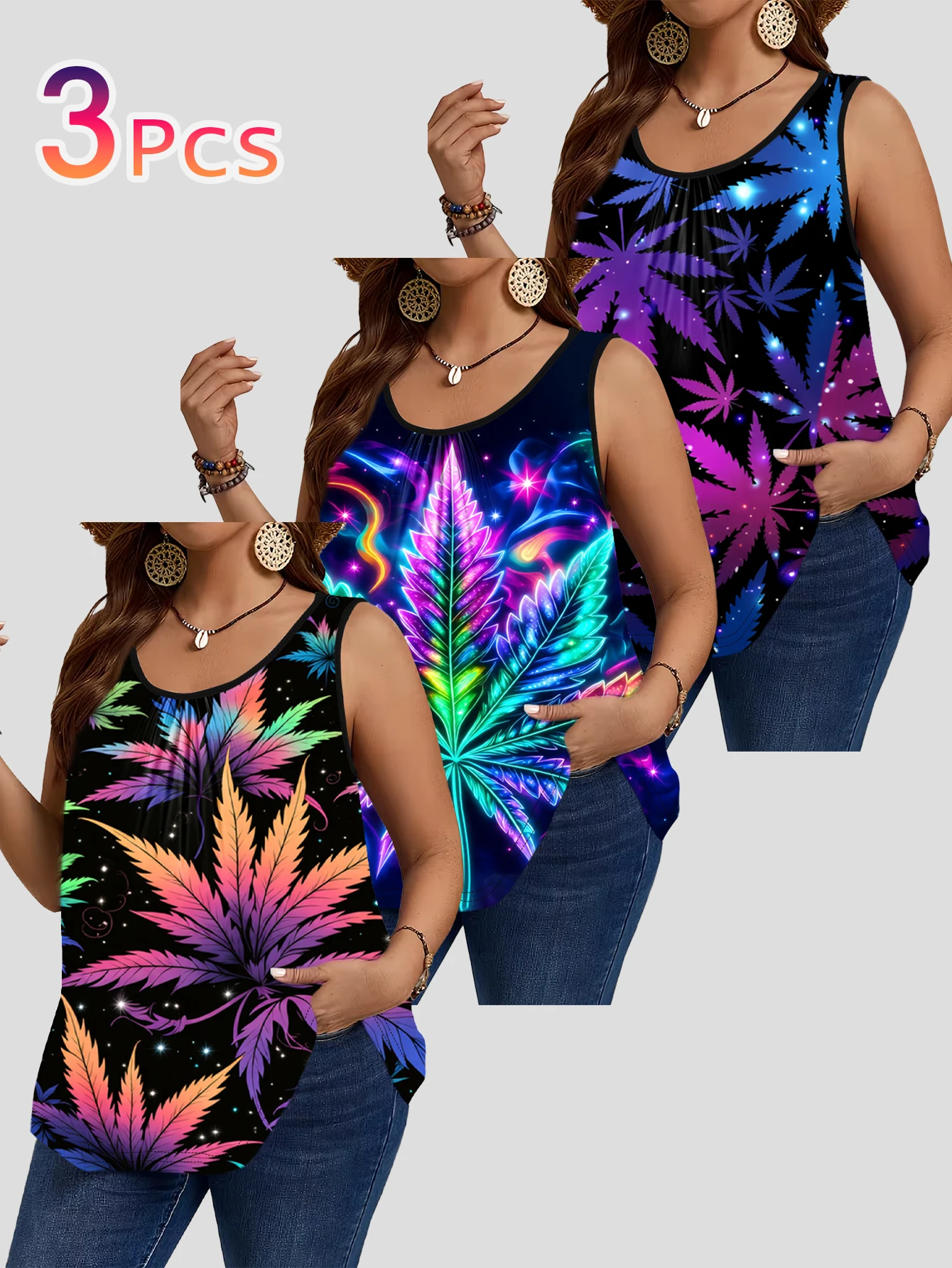 3-Piece Set of Plus-Size Sleeveless Vests with Neon Fantasy Art Leaf and Starry Sky Prints, Trendy Psychedelic Style Loose-Fitting Camisole Tops