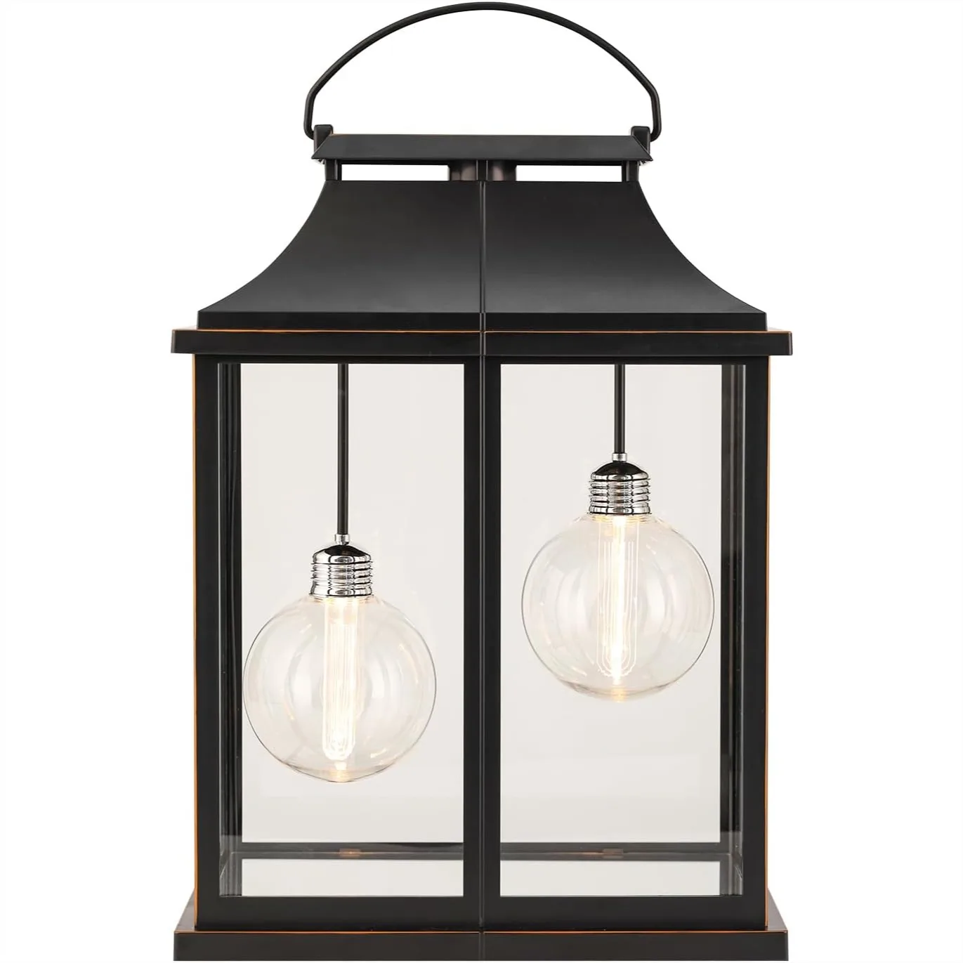 

Modern Farmhouse Lanterns, Black Plastic Clear Glass Shade, Battery Powered with Timer, Vintage LED Bulbs for Porch Patio Indoor