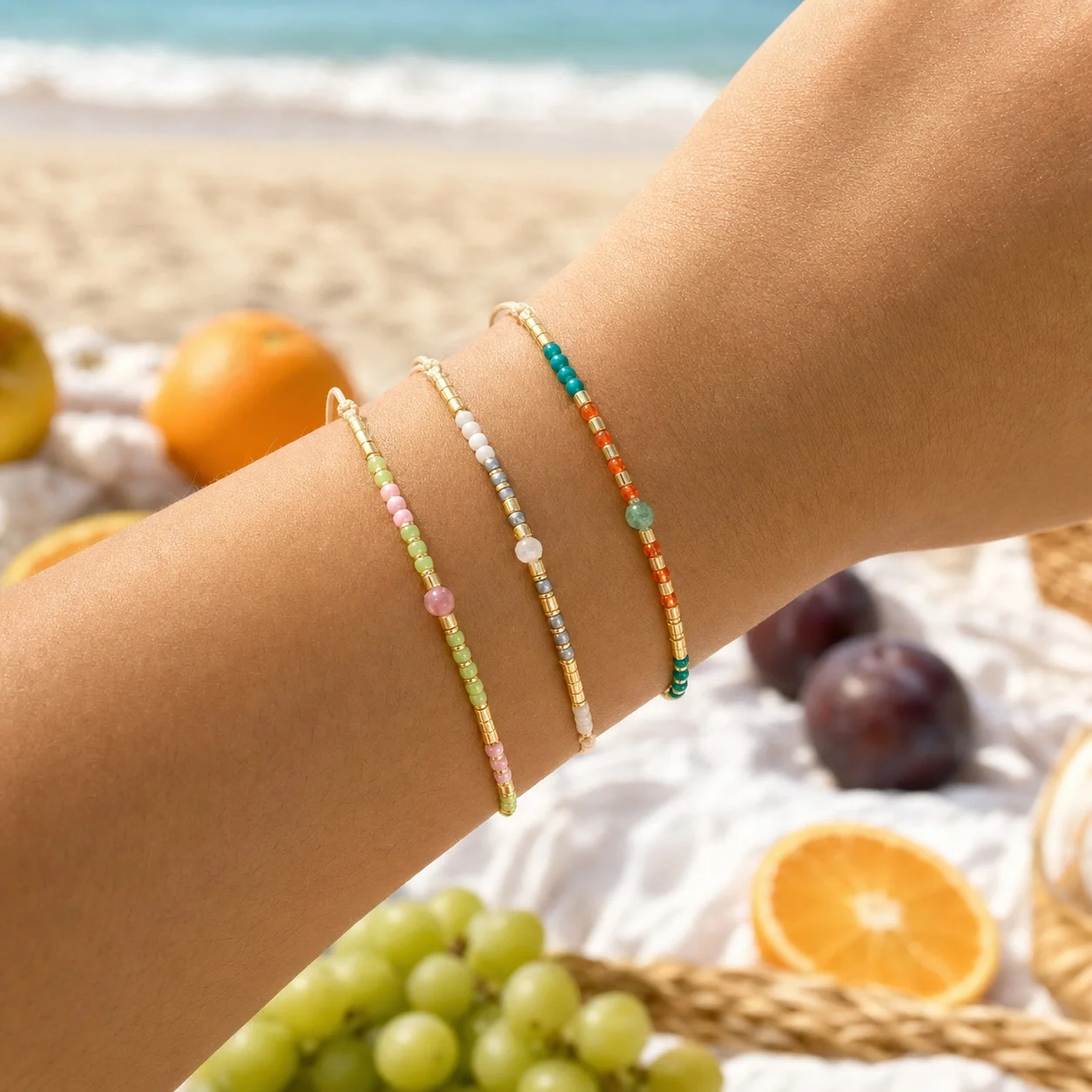 3pcs Bohemian Style Glass Beaded Copper String Bracelet for Women Round Bead Adjustable Tie On Wrist Bracelet