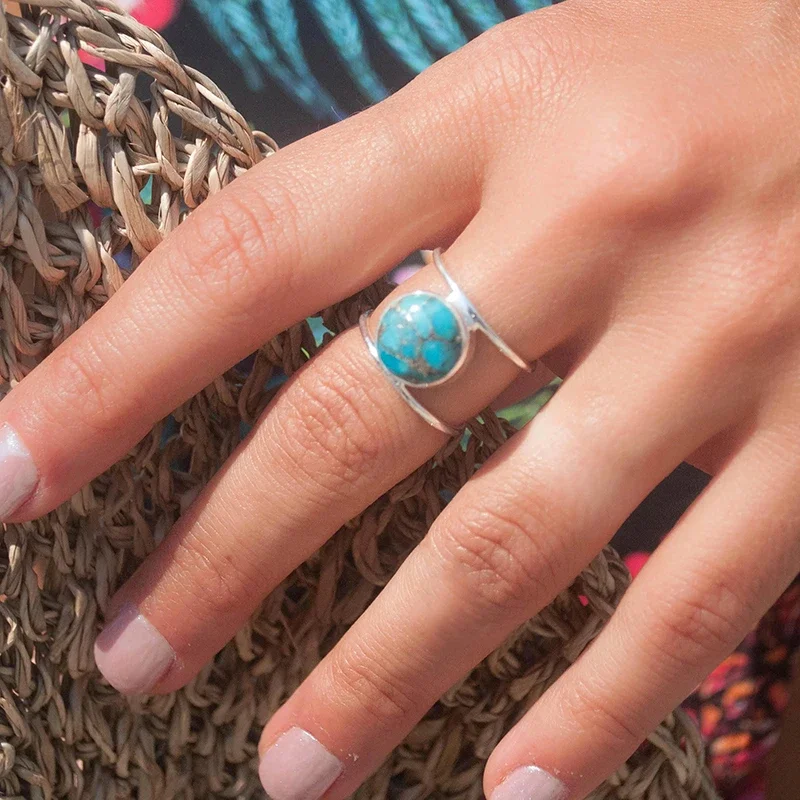 Huitan Double Layer Bohemia Rings for Women Inlaid Round Imitation Turquoise Stone Vintage Party Female Boho Jewelry Drop Ship