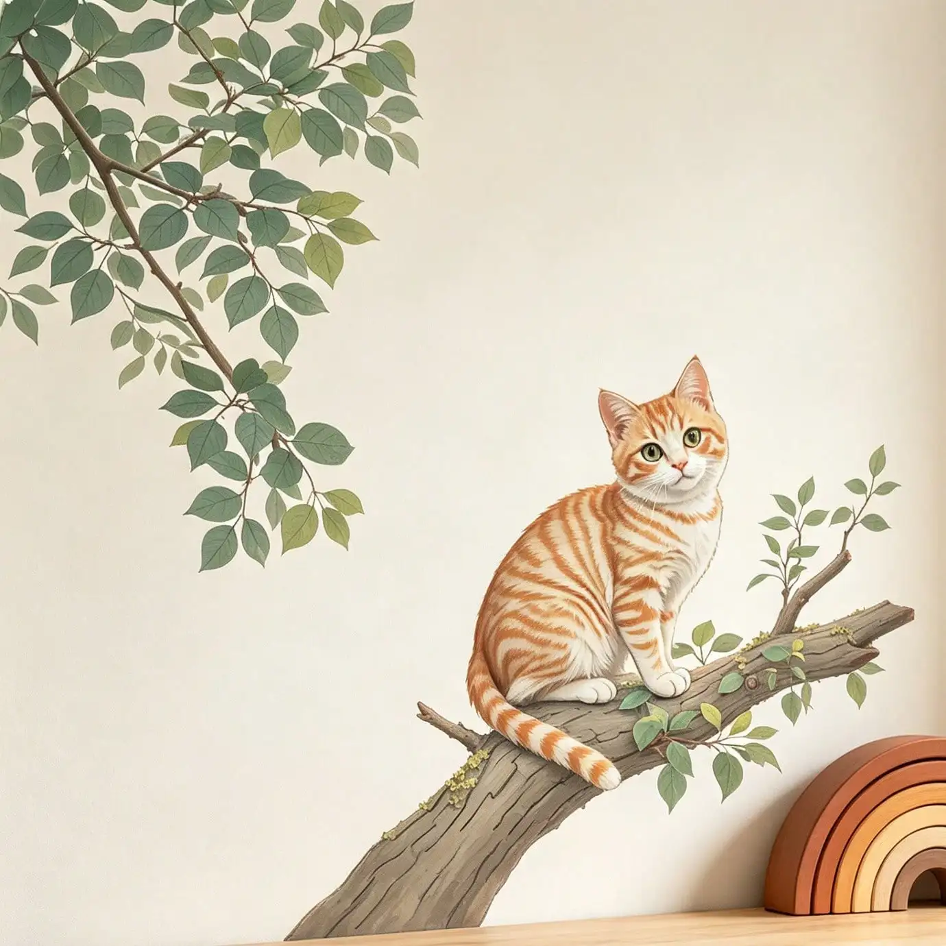 Orange cat tree branches, green leaves, wall stickers, fresh and healing breeze, cat bedroom/door wall decoration, self-adhesive