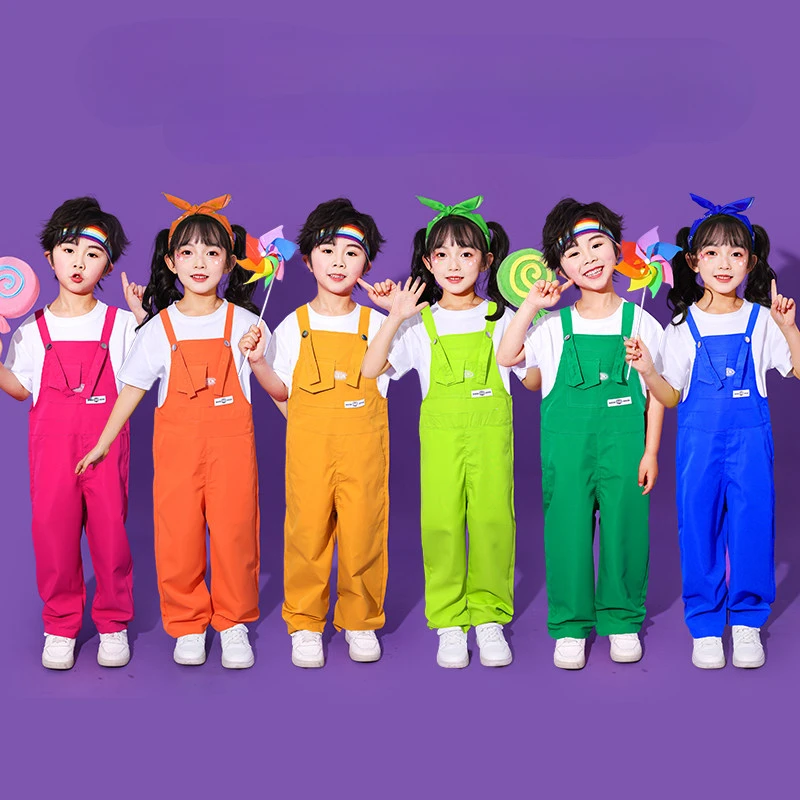 New Hip Hop Loose Colorful Overalls Girls White T Shirt Candy Color Pants Street Dance Clothes Sets Group Streetwear Costumes