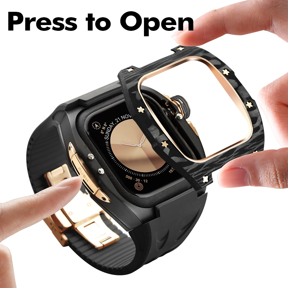 Press to Open, NEW For Apple Watch Series 10 46mm, Carbon Fiber Case Luxury Modification Kit, Fashion Protection Fluororubber