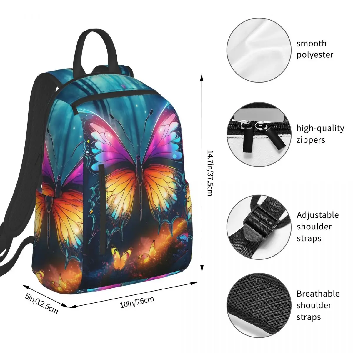 Vibrant Luminescent Butterfly In Forest Backpack Student BookBag Children School Bag Laptop Shoulder Bags Men Women
