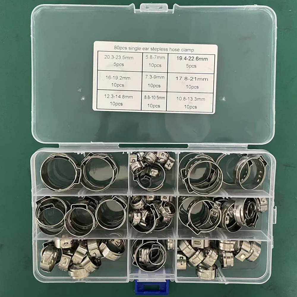 80 Stück Einzelohr-Schlauchklemme, 7–23,5 mm Ohrklemmen-Set aus Edelstahl 304 mit Ohrklemmenzange, stufenlose Schlauchklemmen, Cinch-Ringe – Detail 1