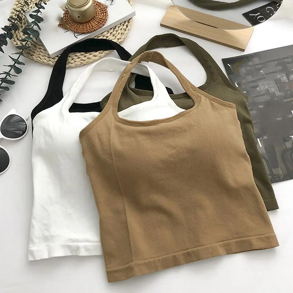 New White Halter Sexy Backless Tank Tops Women Neck Halter Tank Top With Chest Pad Sleeveless Halter Top Women