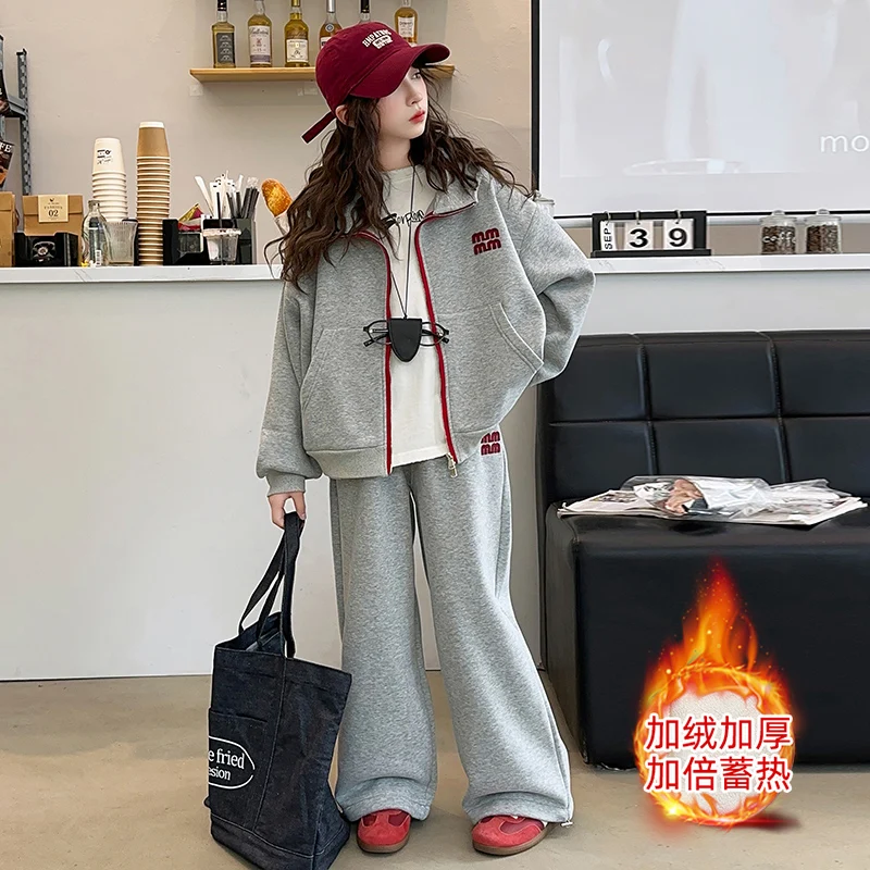 

winter Thick velvet teen girls sport clothes set Hooded zipper jacket Casual pants 2pcs junior kids tracksuits child outfits 14