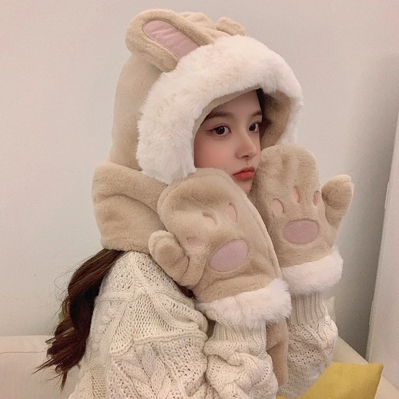 Fashion Cute Girl Winter Warm Velvet Faux Rex Rabbit Fur One Piece Hooded Scarf Hat Gloves Lady Soft Scarves Cap Party Gift H67