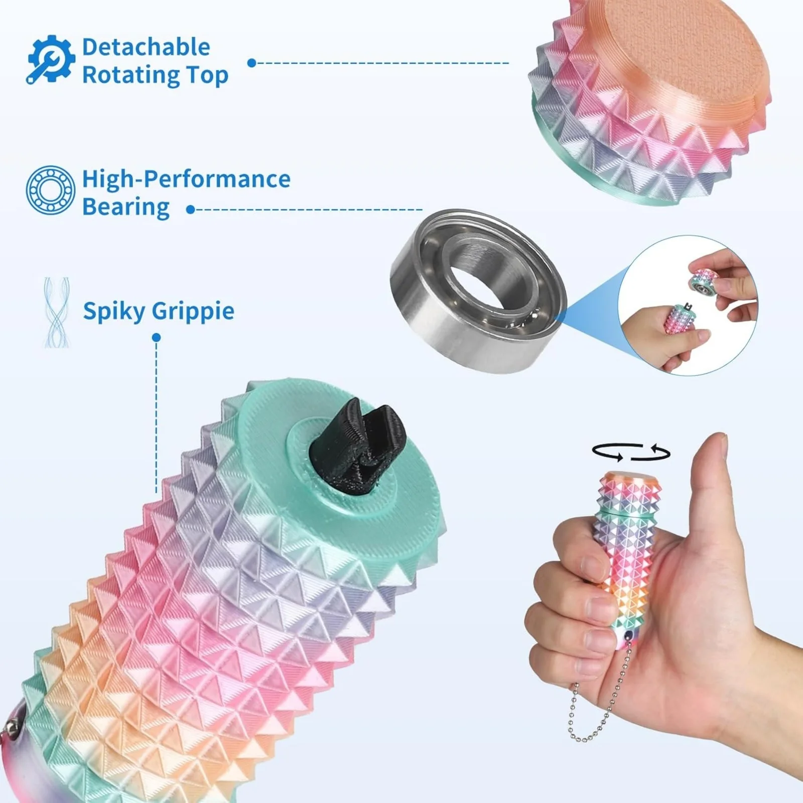 Little Ouchies Schmerzstimulations-Fidget-Spielzeug, 3D-gedruckter stacheliger Taschen-Schlüsselanhänger mit Clicker-Knopf-Spinner, sensorisches Spielzeug gegen Angstzustände und zur Konzentration – Detail 3