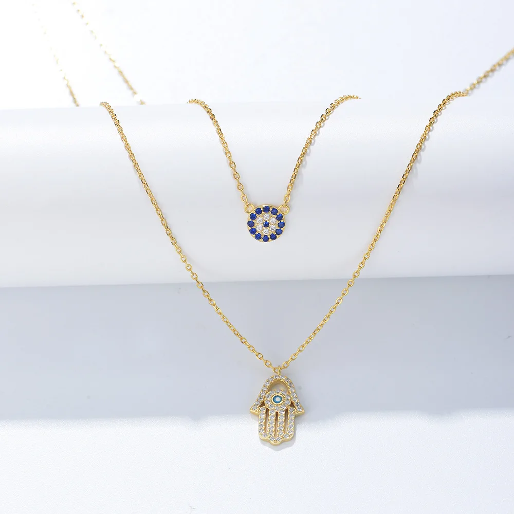 

Dawn's Jewel S925 Sterling silver Shi Demon Eye Hamza palm double necklace female necklace