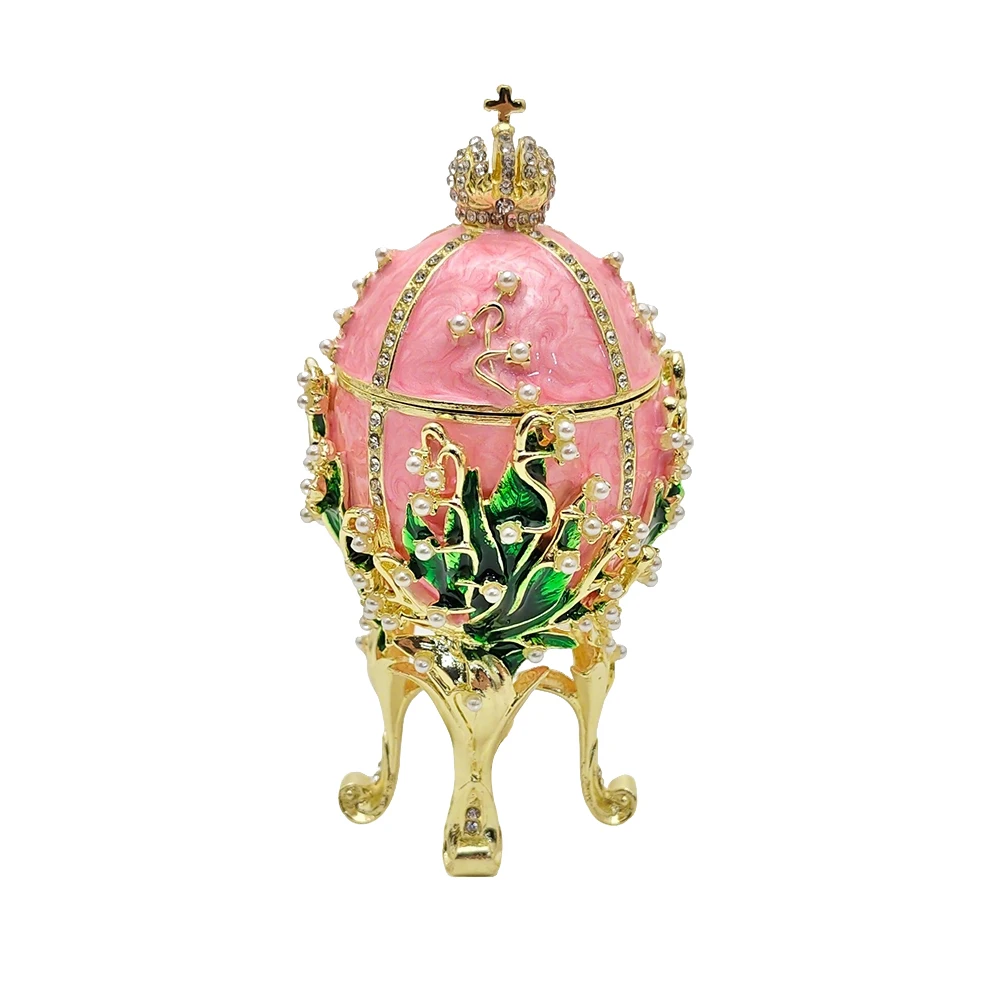 Faberge Style Pink Egg Music Box Vintage Enamel Trinket Box with Crown & Lily Easter Birthday Jewelry Storage Gift Home Decor