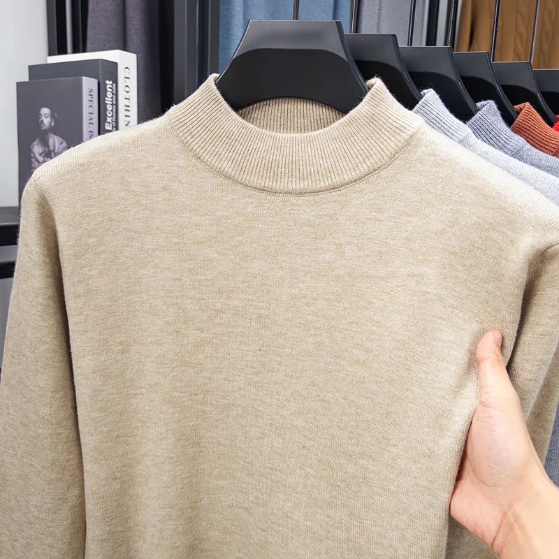 Half High Neck Sweater for Men with A Sense of Luxury, Autumn and Winter New Casual Middle-aged Blue Knitted Base Sweater, Slim
