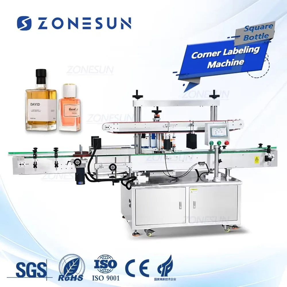 Automatic Three Side Square Bottle Corner Labeling Machine ZONESUN ZS-TB501 Sticker Applicator for Packaging Line
