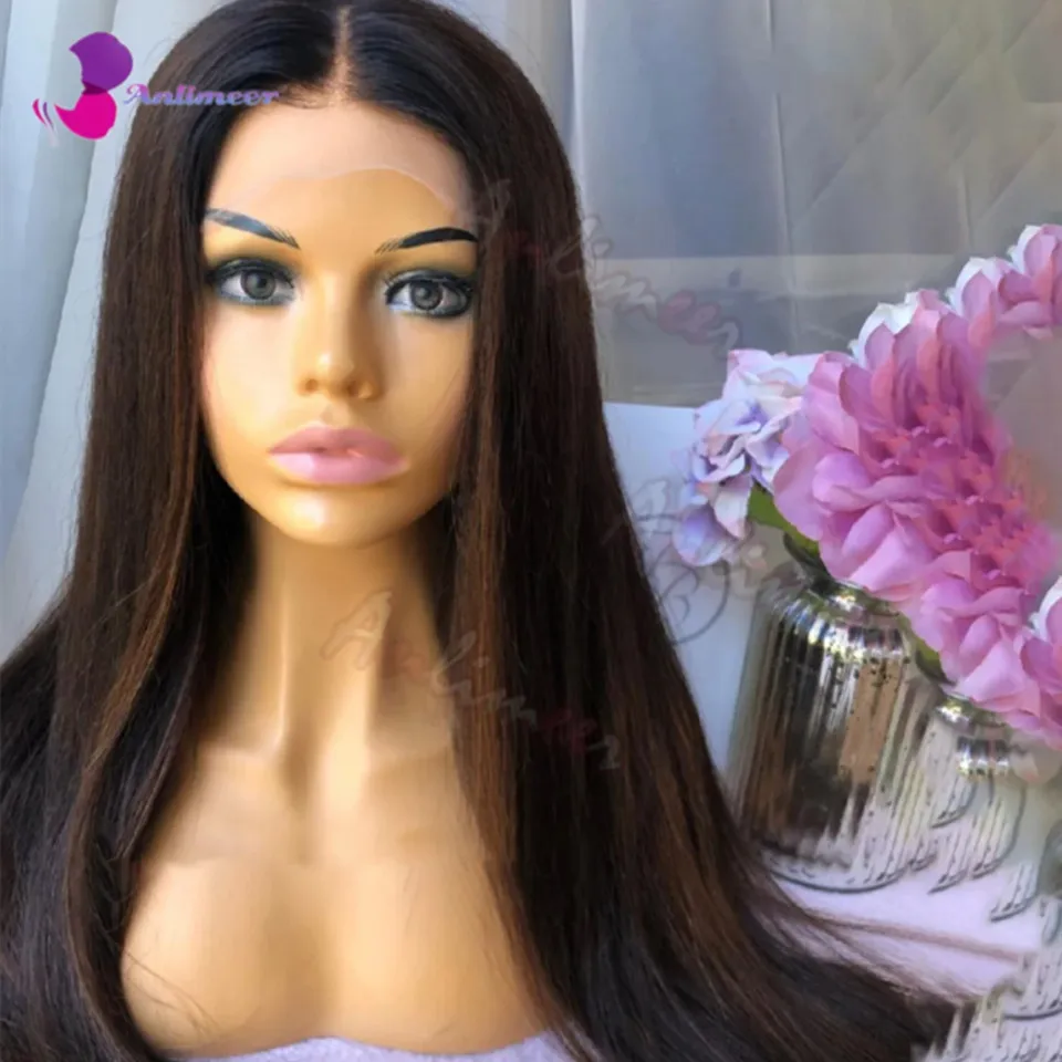 13x6 Lace Front Wigs Human Hair 200% Density Highlight Auburn Wig Balayage Straight Human Hair Wigs Dark Brown Wig Silk Top Wig