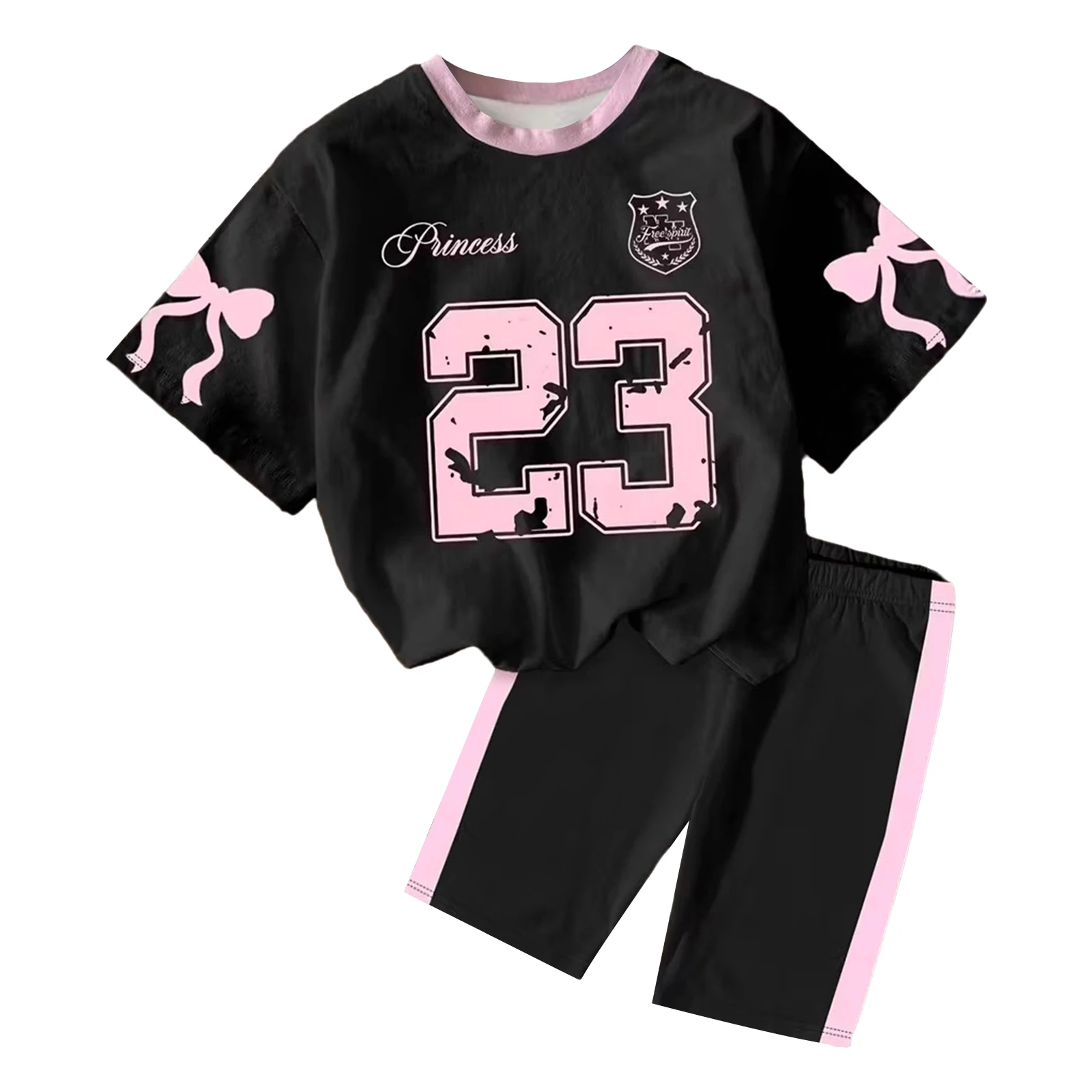 Kids Girls Sports Warm-up Fitness Costume Color Block Round Breathe Neck Short-sleeve Bowknot Number Printed T-shirt with Shorts view 3