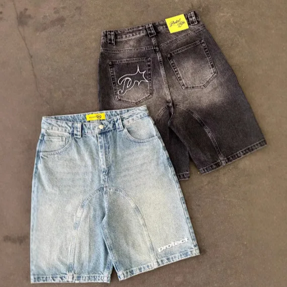 

Ретро американские уличные джинсы с вышивкой, свободные повседневные брюки с пятью точками, молодежные летние прямые брюки с низкой талией