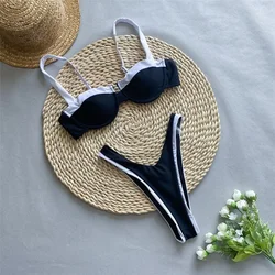 Maillot de bain noir à armatures, soutien-gorge push up, culotte tanga, coupe haute, ensemble deux pièces, sexy, pour femmes, 2024
