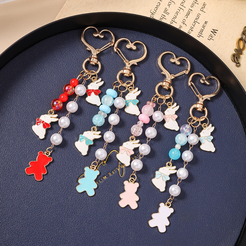 Aihua Cute Pearl Rabbit Bear Keychain Women Girls Beaded Bear Key Ring Pendants for Handbag Decor DIY Handmade Jewelry Gift