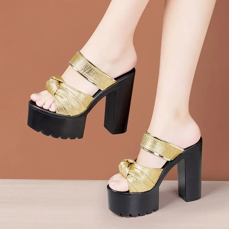 

14cm Small Size 32-43 Thick Bottom Chunky Platform Shoes 2024 Summer Block High Heels Slippers Knot Slides Office Model Party