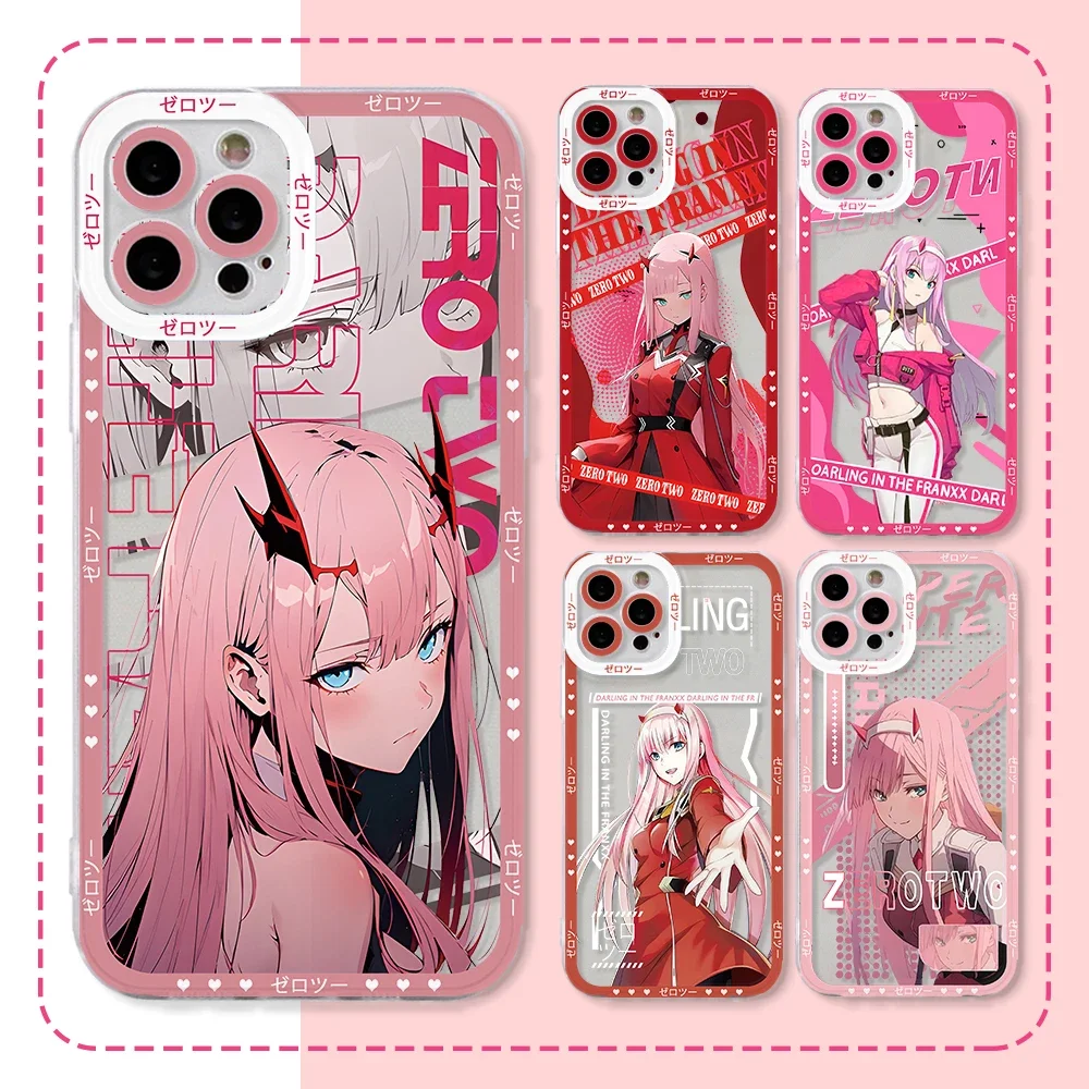 DARLING FRANXX Zero Two Phone Case for iPhone 16 15 14 Plus 13 12 Mini 11 Pro Max X Xs XR 7 8 Border Print Transparent Soft Capa