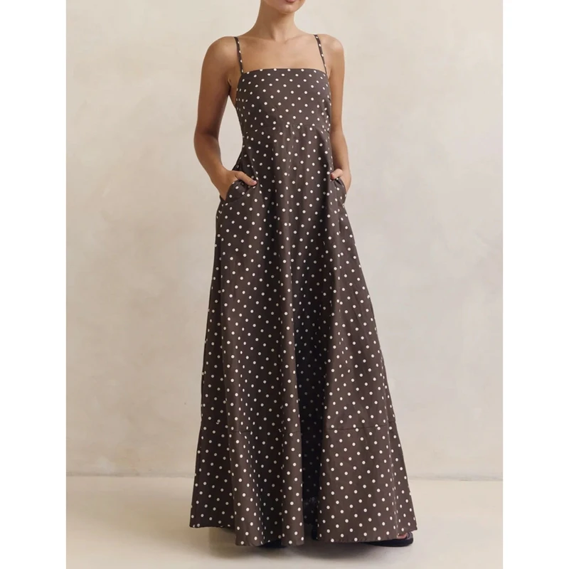 فستان نسائي صيفي سهل الارتداء منقط مطبوع بدون أكمام بحزام سباغيتي سموكيد بدون ظهر فستان طويل على شكل حرف A مع جيوب #1