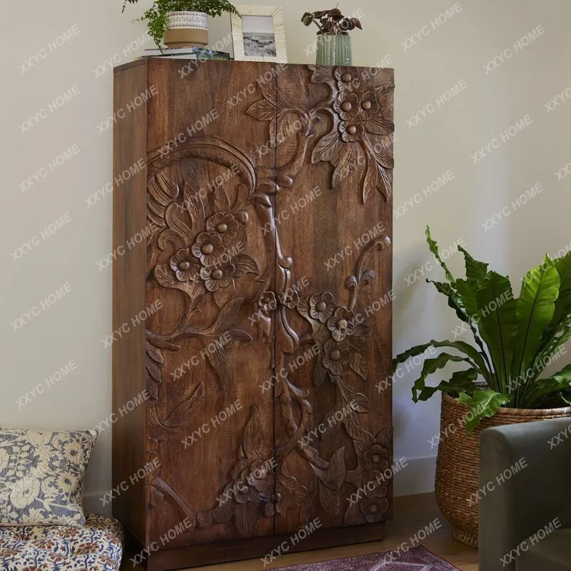 Retro solid wood wardrobe medieval carved two-door storage locker bedroom walnut light luxury wardrobe