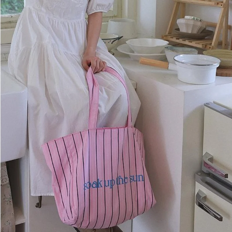 Chic Cotton Camping Striped Letter Printing Tote Bag Student Shopping Travel Shoulder Bag Women Fresh Bright Color Handle Bag