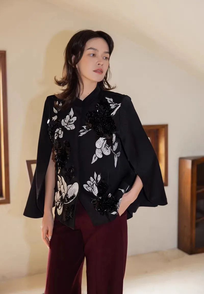 

High Quality Women's Handmade Sequin Embroidered Jacket Fashion Vintage Stand Collar Black Cloak Coat