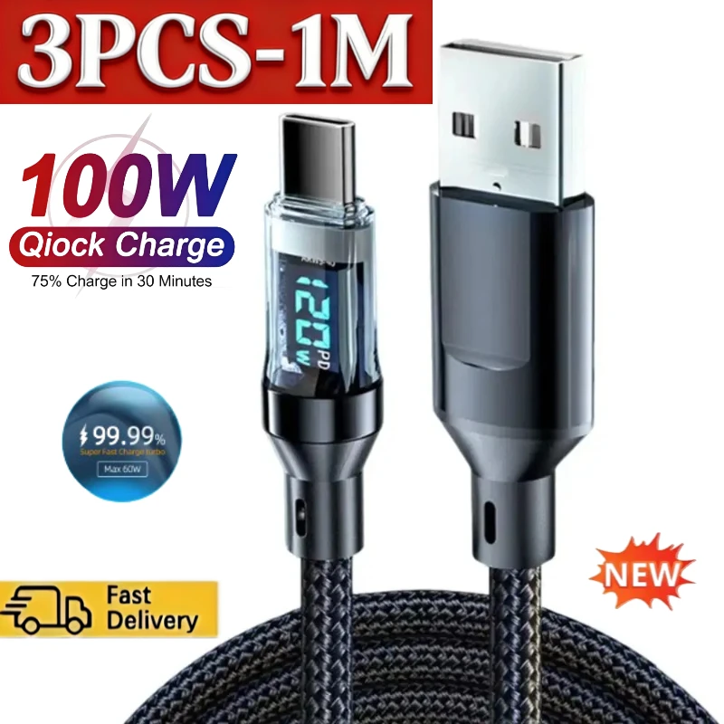 3/1PCS-1M 120W A-C Phone Super Fast Charging Cable with LED Display Screen Not Compatible Xiaomi Huawei IPhone Samsung