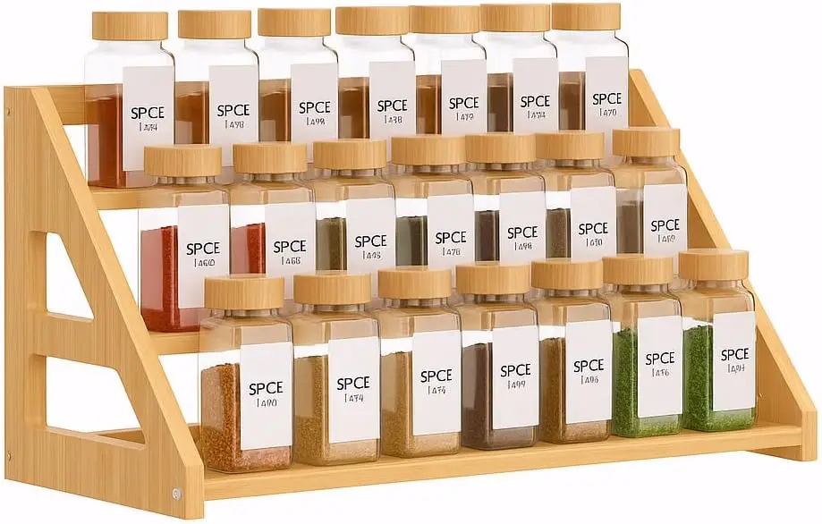 

3 Tier Bamboo Spice Rack: Spice Rack Organizer - Seasoning Jars Shelf For Countertop Cabinet