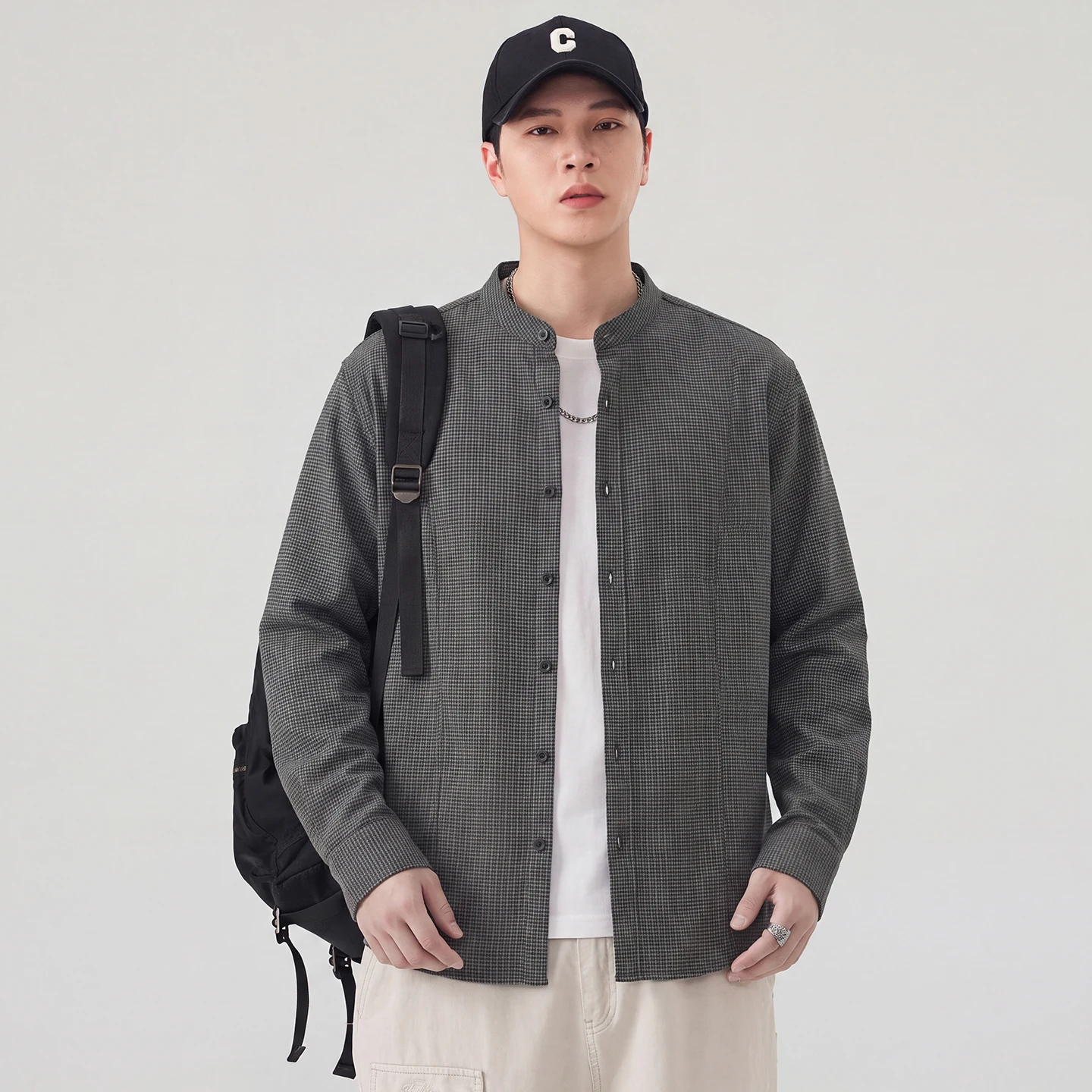Stand Collar Plaid Plus Size Shirt Men Spring Autumn Fashion Vintage Splice Loose Casual Long Sleeve Shirt Cardigan Jacket Tops
