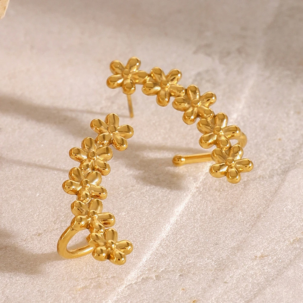 INS Trend 18K Gold Plated Stainless Steel Flowers Earrings Floral Ear Cuff Statement Stud Earring Waterproof Women Jewelry