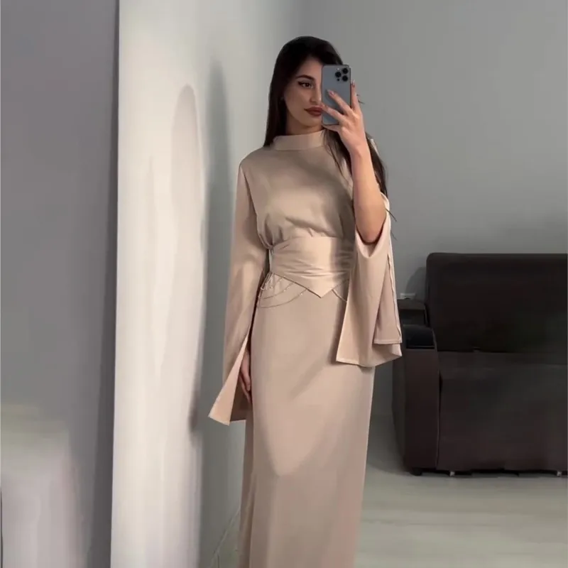 

Split Sleeve Party Dress Style Satin Waist-Tight Temperament Half Turtleneck Long