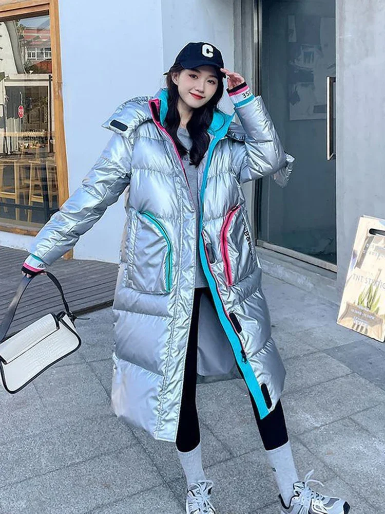 Glossy Parka Snow Coat Women\'s 2024 Fashion Thicken Winter Hooded Loose Long Jacket Female Windproof Rainproof Warm Outwear