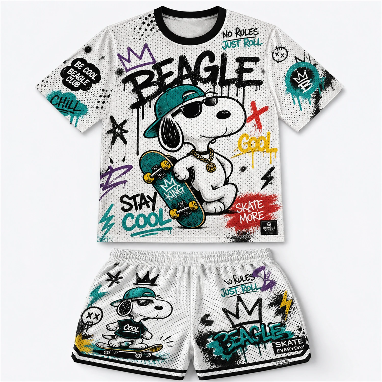 Skate Snoopy Graffiti Mesh T-shirt Shorts Set Kids Quick Dry Breathable Summer 2 Piece Casual Sports Outfit - view 3