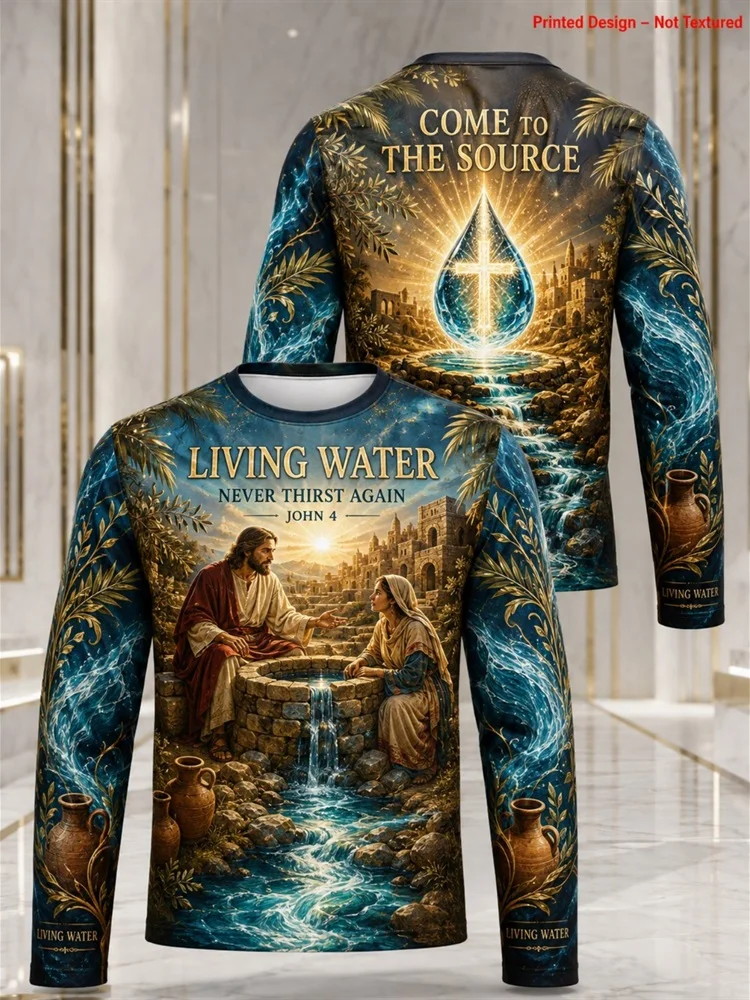 Men's Living Water John 4 Jesus Samaritan Woman Come to the Source Cross Graphic Tee Long Sleeve T-Shirt Pullover Tops Gift