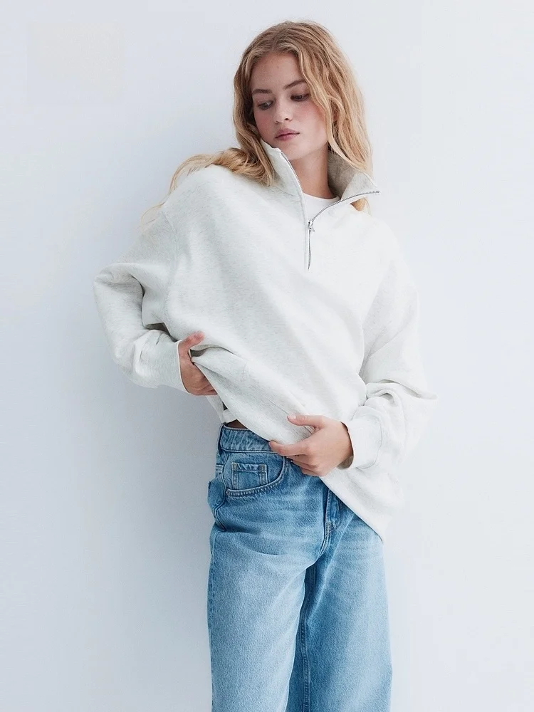 ゆったりとしたロング丈のレディースフーディー、アメリカンスタイルのベースレイヤー、ジップアップトップ、冬服、ファション、H&M 3038、レディースプレミアムスウェットシャツ