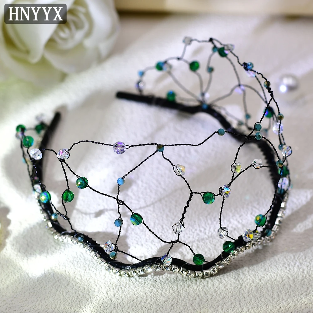 HNYYX Rhinestone Crown Fashion Crystal Headband Wide Baroque Hair Piece Wedding Party Headwear Festival Headdress For Women A74