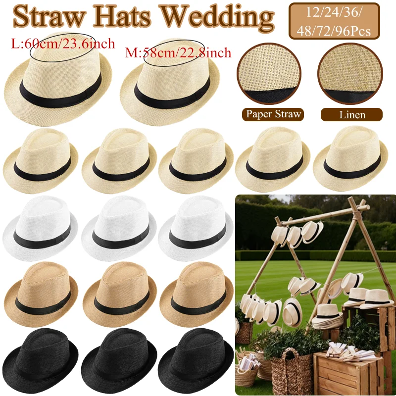 

12-96Pcs 22-23inch Havana Straw Hats Wedding Caps Short Brim Beach Trilby Hat Straw Fedora Hats Boricua Party Supplies Favors